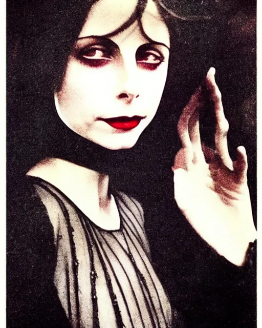 Image similar to style of edmund dulac : : gorgeous willa holland : : evil witch, swirling black magic, black dress : : symmetrical face, symmetrical eyes : : full body pose : : gorgeous black hair : : magic lighting, low spacial lighting : :