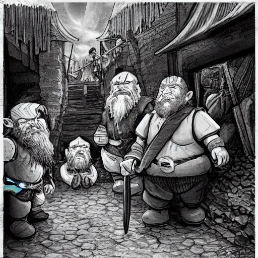 Prompt: two dwarves and a hobbit sneaking while watching a market burn, dnd, fantasy