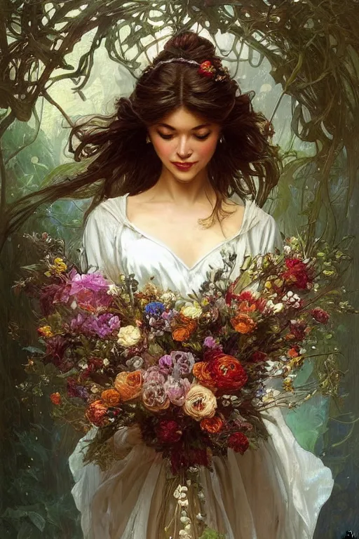 Prompt: portrait of a beautiful mysterious woman holding a bouquet of flowing flowers, hands hidden under the bouquet, fantasy, regal, intricate, by stanley artgerm lau, greg rutkowski, thomas kindkade, alphonse mucha, loish, norman rockwell