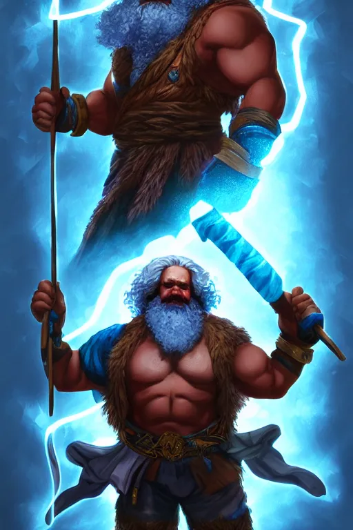 Image similar to character portrait of buff barbarian karl marx with shining blue body painting, dungeons and dragons cover artwork, dynamic composition, dramatic lighting, trending on artstation, award winning art, stylized painting, concept art, 4 k, 8 k