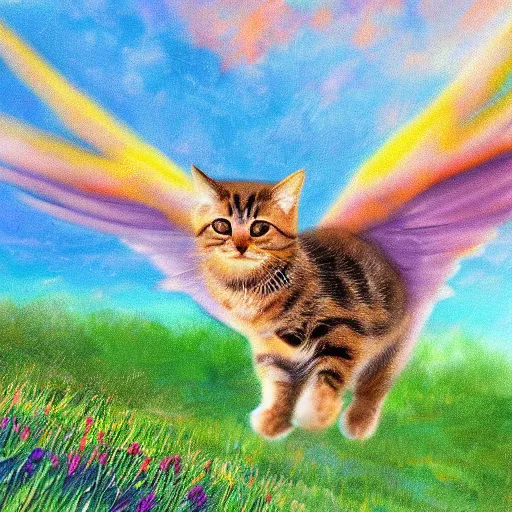 Image similar to a photograph of cute cat with wings flying towards the sunset, highly detailed, photorealistic, impressionism style