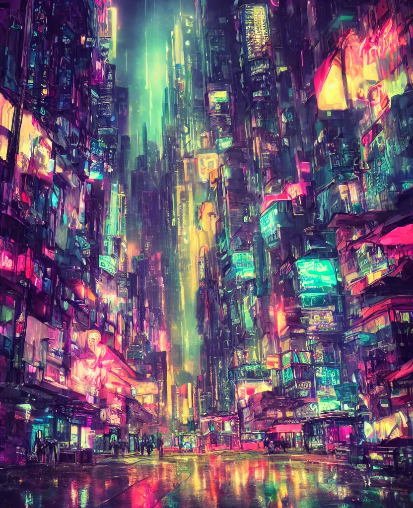 Prompt: cluttered futuristic city at night, night clubs and neons, rain, girl under lantern, by Sean Foley