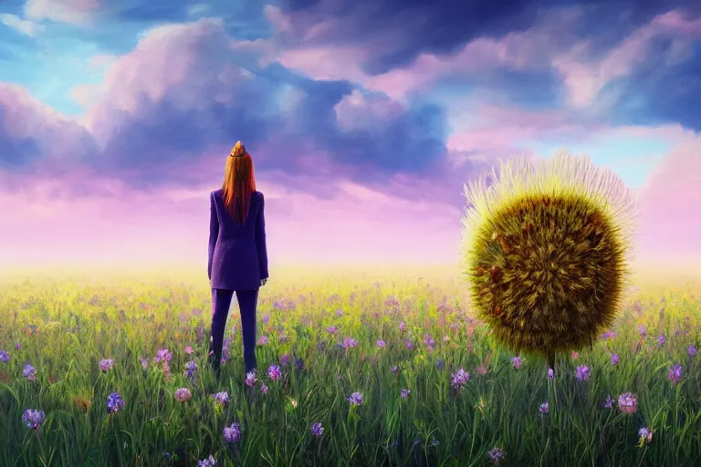 Image similar to portrait, giant thistle flower under head, a girl in a suit in field of flowers, surreal photography, sunrise, blue sky, dramatic light, impressionist painting, digital painting, artstation, simon stalenhag