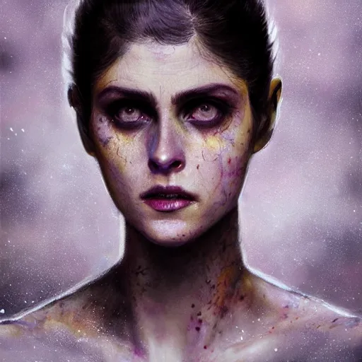 Prompt: a photo of alien dark fae girlboss based on alexandra daddario face mutating into insect, bumpy mottled skin, body horror, by yoshitaka amano, by greg rutkowski, by jeremy lipkinng, by artgerm, digital art, octane render