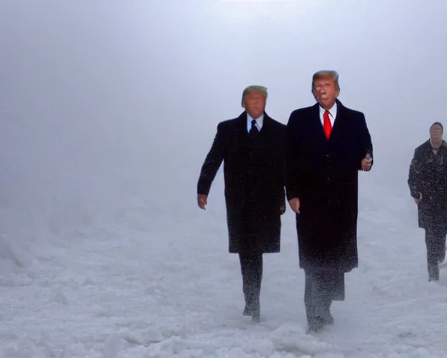 Prompt: still of Donald Trump in The Day After Tomorrow (2004), extreme fog, blizzard