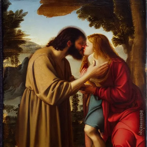 Image similar to 1 8 th oil panting of a jesus kissing with maria maddalena