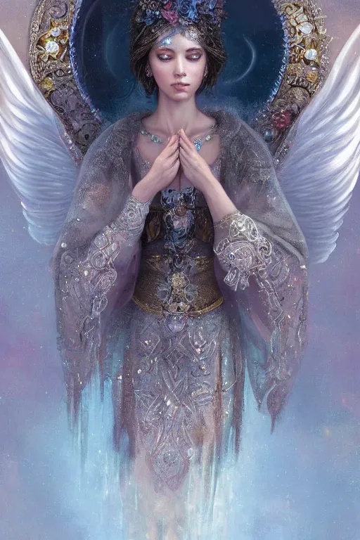 Image similar to A beautiful digital painting of a female Seraphim full of jewels, princess, the moon behind her, intricate, cinematic lighting, highly detailed, digital painting, Artstation, concept art, smooth, sharp focus, illustration, art by Tom Bagshaw, Artgerm and Greg Rutkowski