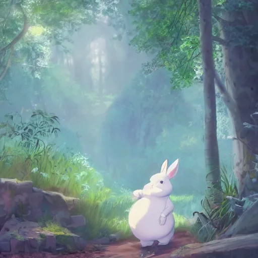 Image similar to concept art painting of a chubby white rabbit wearing a turquoise dress, in the deep forest, realistic, detailed, cel shaded, in the style of makoto shinkai and greg rutkowski and james gurney