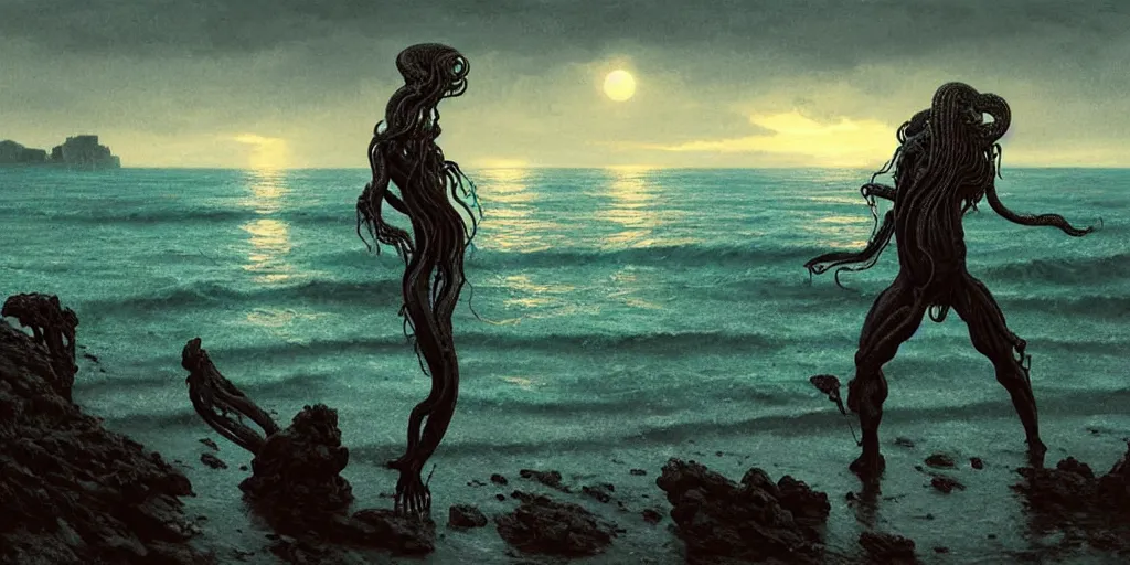 Prompt: landscape view on an old fishing village at night, a fit humanoid tentacled monster emerging from the ocean, night colors, high - key lighting, beautiful composition, intricate, gradient from green to black, pro photography by, highly detailed, digital painting, art by artgerm and greg rutkowski and alphonse mucha, smooth, sharp focus illustration