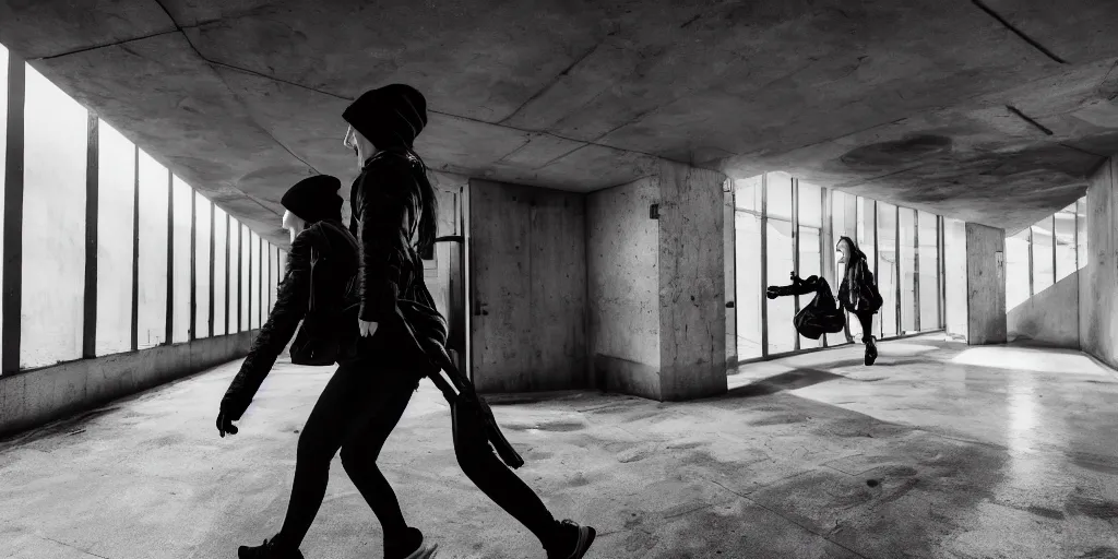 Prompt: woman running down hallway, wearing black beanie and black bomber jacket, holding shotgun, in an underground lab, brutalist architecture, sterile, unknown location, light and shadows, fire, bullet shells flying, 4k, cinematic, unreal engine