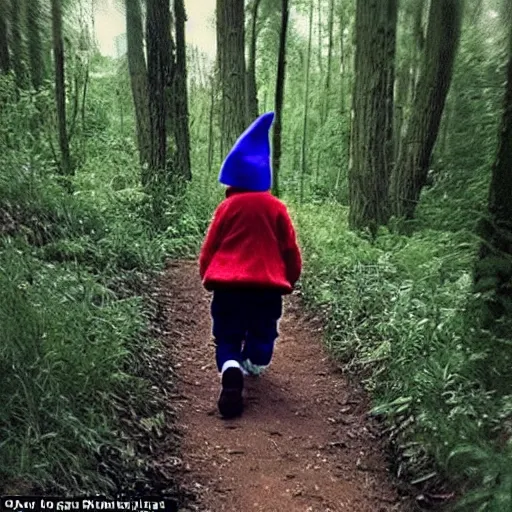 Image similar to bad quality screenshot of a leaked video of a small person dressed as gnome looking at me at a forest trail, photo taken from far away, night time, bright camera flash, camera shaking, disturbing, very scary, realistic, very disturbing, help me please im disturbed, ultrarealistic, 480p, scary