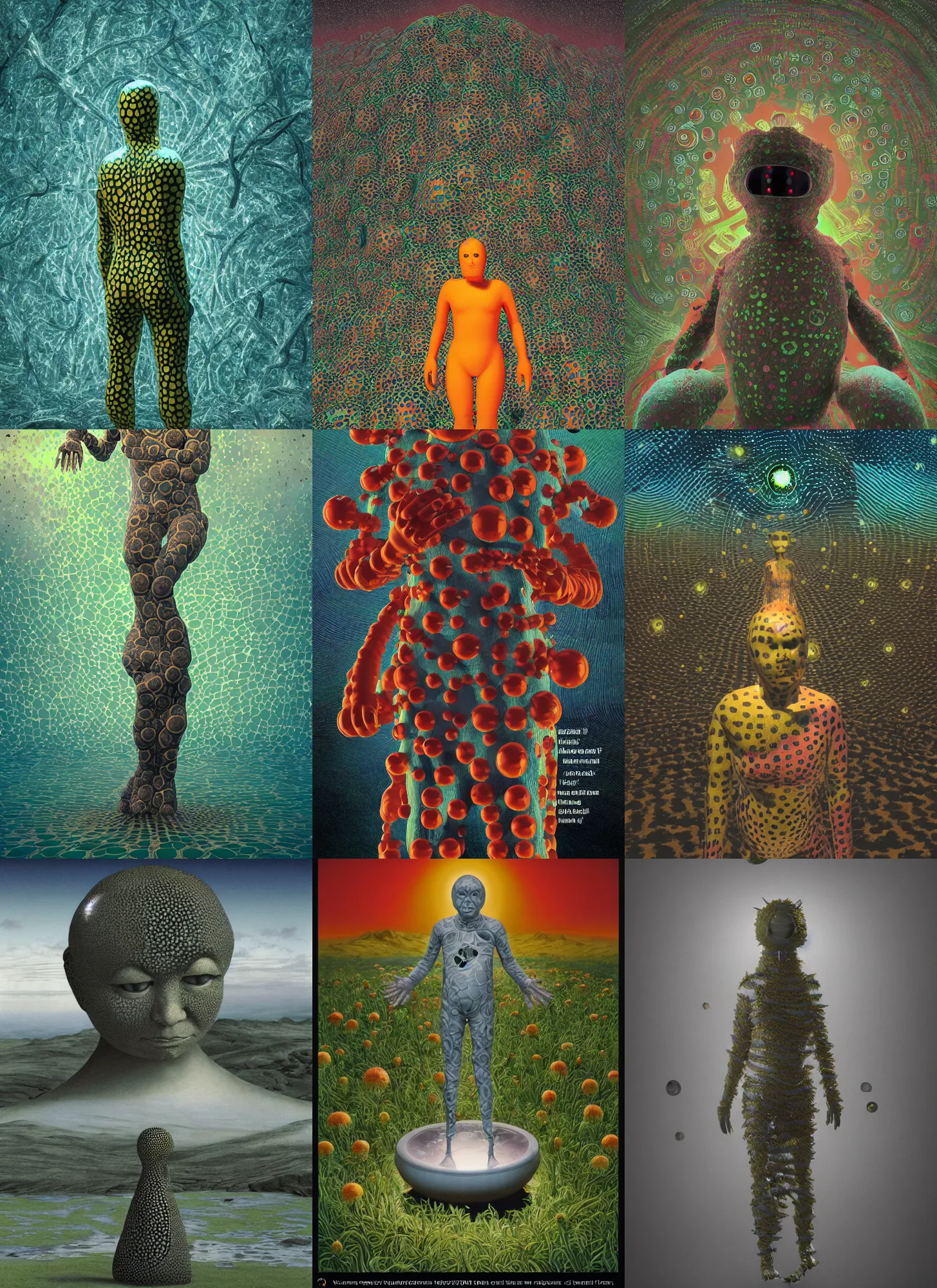 Prompt: a infographic by Peter Andrew Jones and Mark Ryden , Al Feldstein, Yayoi Kusama, of a Selk'nam in deep interconnection with the soul of the earth, from scene from west anderson movie, clean, Houdini algorithmic generative render, sharp focus, octane render 8k