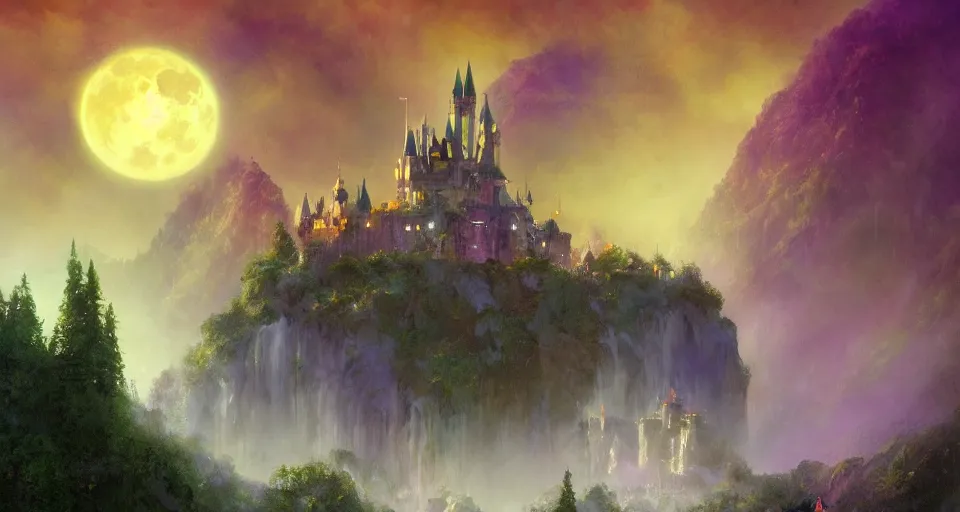 Prompt: happy disney castle rising up from the mist in the morning silhouetted by a single huge moon, waterfall, butterflies, unicorn, crystal lake, anders zorn, thomas kincade, trending on artstation, lava, dungeons and dragons, saturated colors, fun, happy, colorful