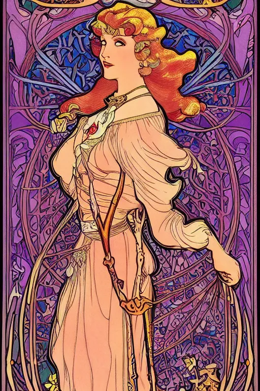 Image similar to full length painting of princess - peach!!!!!!! art nouveau, tarot card by mucha, gaudy colors, sharp edges, intricate line - work.