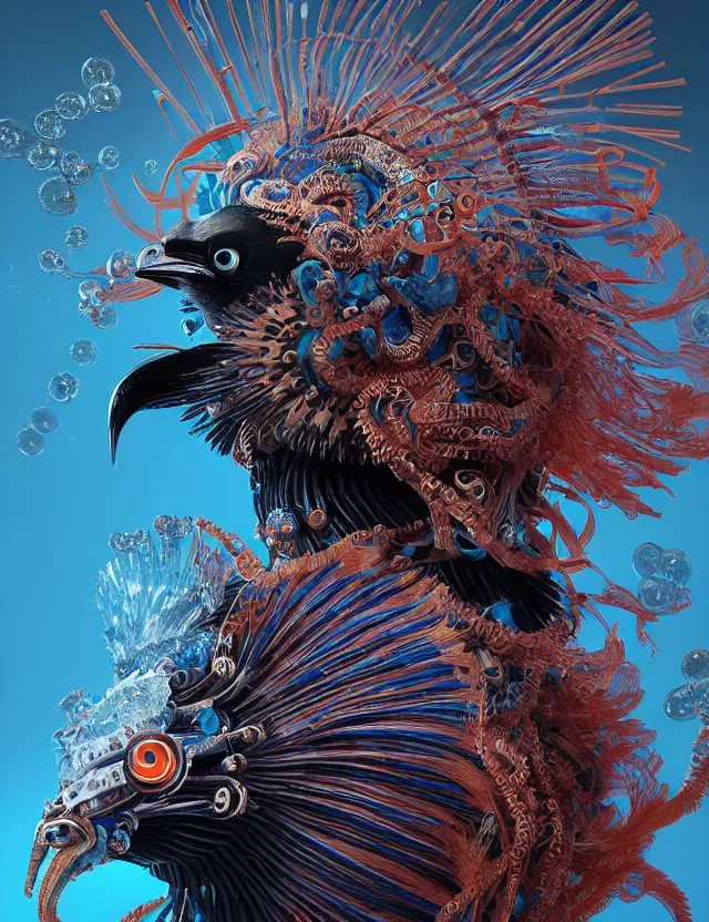 Image similar to 3 d shaman close - up profile portrait. beautiful intricately detailed japanese crow kitsune mask and clasical japanese kimono. betta fish, jellyfish phoenix, bio luminescent, plasma, ice, water, wind, creature, artwork by tooth wu and wlop and beeple and greg rutkowski