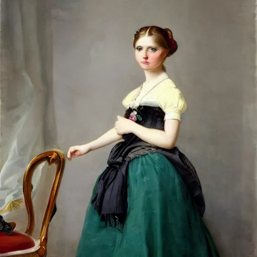 Prompt: full body portrait of a young german princess standing by a chair by Franz Xaver Winterhalter and Andreas Herman Hunæus painted in the 1900s, romanticism, vivid, fancy, beautiful, rococo, coherent