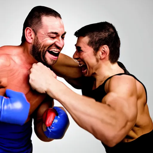 Prompt: Buff dude laughing while being punched by a skinny weak dude.