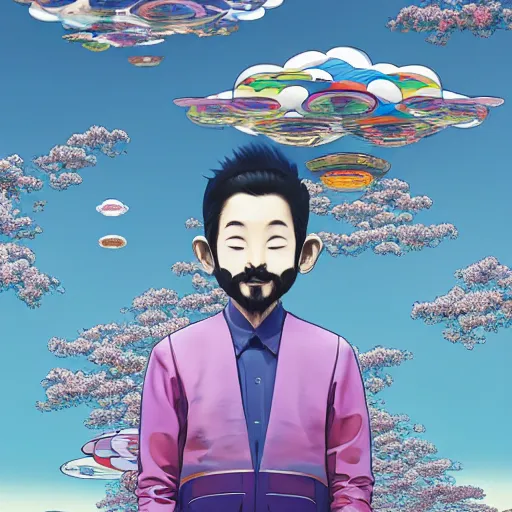 Image similar to a man walking on clouds away from the camera above kyoto by takashi murakami, beeple and james jean, aya takano color style, 4 k, super detailed, modern, 4 k, symmetrical