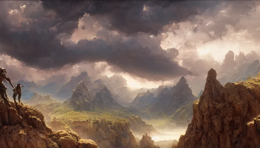 Image similar to excellent painted daemon in a wide epic beautiful landscape somewhere on jupiter with fluffy clouds, painted by Hans Fredrik Gude, Greg Rutkowksi, Craig Mullins and Artgerm, masterpiece, 4k, ultra realistic highly detailed oil painting