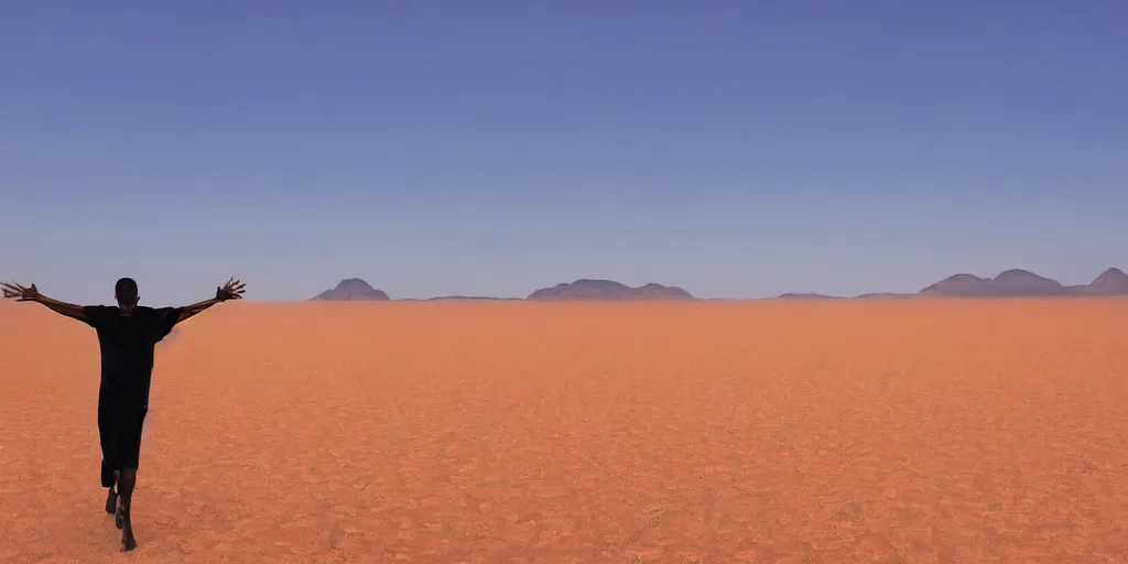 Image similar to of a photography of a man on walking on a desert with giant ants, with blue light dark blue sky, long cloths red like silk, ants are big and they shine on the sunlight, there are sand mountains on the background, a very small oasis on the far distant background along with some watch towers, ants are perfect symmetric insects, man is with black skin, the man have a backpack, the man stands out on the image, the ants make a line on the dunes, the sun up on the sky is strong, the sky is blue and there are some clouds, its like a caravan of a man guiding many ants on the dunes of the desert, colors are strong but calm, volumetric, detailed objects, Arabica style, wide view, 14mm,