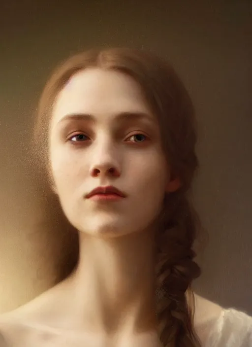 Prompt: oil painting close up portrait of a contemplative young norwegian woman with very long dark flowing hair in a dress made of white roses!! at sunset, hazy, digital art, chiaroscuro, artstation, cinematic, golden hour, digital art painting by greg rutkowski, william - adolphe bouguereau, hazy atmosphere, cinematic lighting