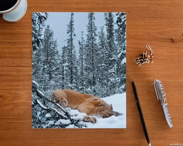 Image similar to stamp book showing 'a cougar sleeping in the middle of snowy pine tree' laying on coffee table, zoomed out shot, HD, iphone capture