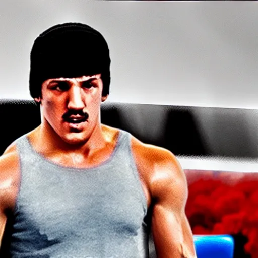 Prompt: rocky balboa playing playstation!!! video game console