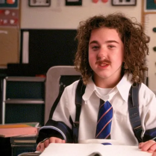 Prompt: a film still of Post Malone in a classroom starring as Dewey Finn in School Of Rock (2003)