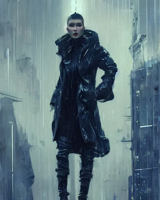 Image similar to detailed portrait bladerunner movie scene European Pretty Young Girl Storm Rain movie Jacket coat, Futuristic sci-fi fashion, royal attire by ismail inceoglu dragan bibin hans thoma greg rutkowski Alexandros Pyromallis Nekro Rene Margitte illustrated Perfect face, sharp chine, fine details, realistic shaded, fine-face, pretty face cyberpunk, neotokyo, synthwave, aesthetics, futuristic, low-emission-neon