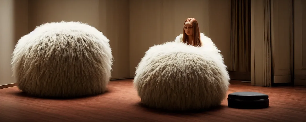 Prompt: a strange huge fluffy furry poufs ottomans sits in the room, film still from the movie directed by denis villeneuve with art direction by zdzisław beksinski, close up, telephoto lens, shallow depth of field