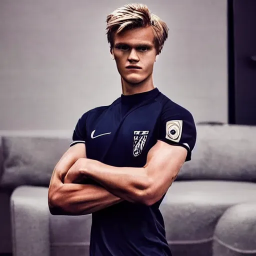 Image similar to a realistic detailed photo of a guy who is an attractive humanoid who is half robot and half humanoid, who is a male android, soccer player martin ødegaard, shiny skin, posing like a statue, blank stare, in a living room, on display, showing off his muscles, with a twin