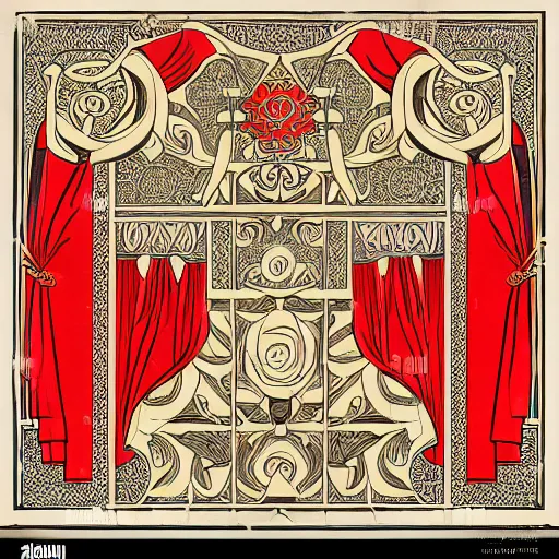 Image similar to symmetrical mural painting from the early 1 9 0 0 s in the style of art nouveau, red curtains, art nouveau design elements, art nouveau ornament, scrolls, flowers, flower petals, rose, opera house architectural elements, mucha, masonic symbols, masonic lodge, joseph maria olbrich, simple, iconic, masonic art, masterpiece