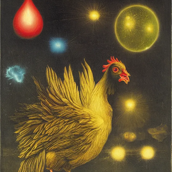 Image similar to a chicken next to a levitating iridescent luminescent orb, nebula, by jan van eyck