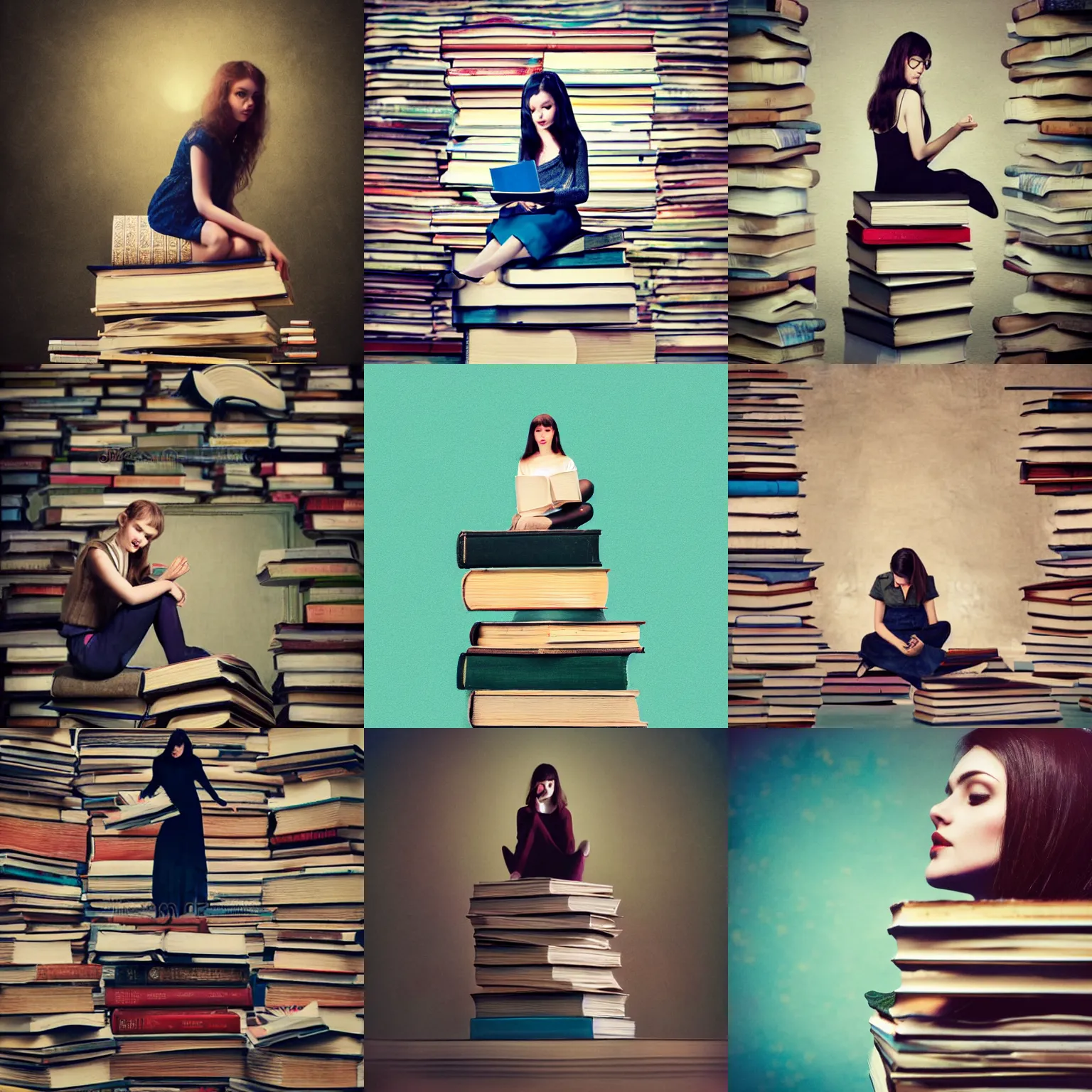 Prompt: a woman sitting on top of a stack of books, a stock photo by oleg oprisco, cg society contest winner, academic art, stock photo, stockphoto, storybook illustration