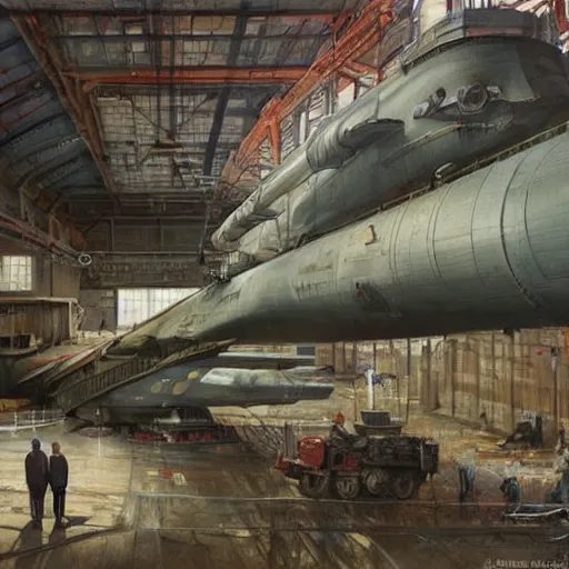 Prompt: two men looking at an American nuclear attack submarine in an indoor drydock, crane with heavy equipment overhead, highly detailed, artificial lighting, concept art, by artgerm and greg rutkowski and alphonse mucha