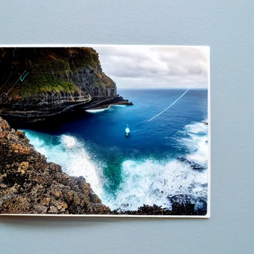 Image similar to micro - hurricane, blue hour, early night, deep blue atmosphere, scattered islands, sea, ocean, low pressure system, cloud with eye, very windy, late evening, distant hotel retreat on cliffside, shining lights on cliff side, polaroid photograph