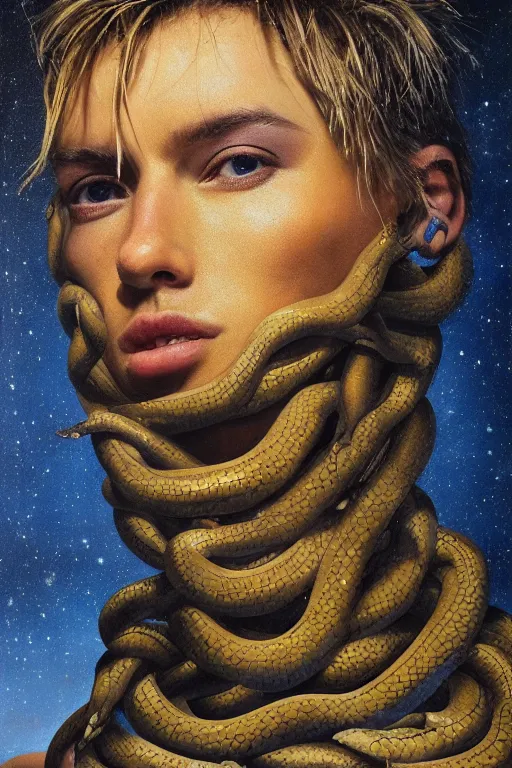 Image similar to hyperrealism oil painting, close - up portrait of face from a tangle of snakes fashion model, knight, street art gradient mixed with nebula sky, in style of baroque