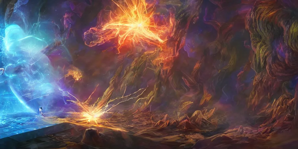 Image similar to wizard in front of magical explosion, cards, cards, 5 2 card pickup, fantasy, digital art, concept art, 8 k