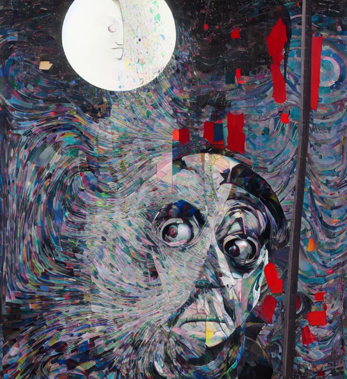 Image similar to decollage painting old white - headed man under the huge moon on a street of ruined city by adrian ghenie and takato yamamoto and edward hopper and mark ryden and tsutomu nihei, part by bridget riley, acrylic pour and splashing paint, very coherent, baroque elements, perfect anatomy, intricate design. pop art.