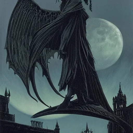 Prompt: Huge, looming silhouette of a sharp scythe above a gothic moonlit city, endless darkness surrounding, haunting, art by Gerald Brom