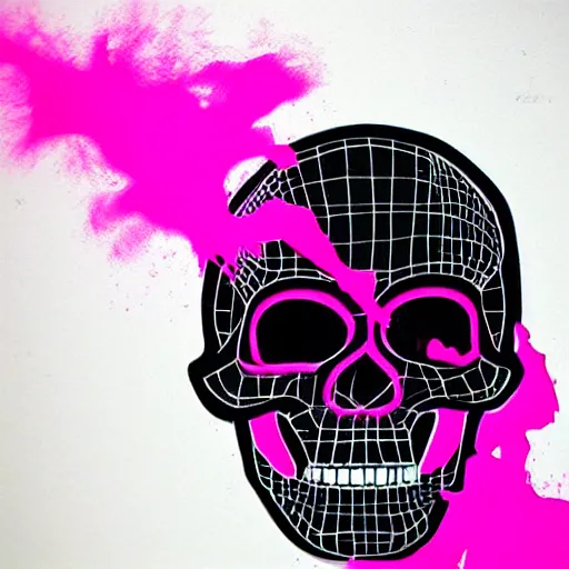 Image similar to a 3 d wireframe pink cartoon skull spray painted on a black background with dripping pink spray paint, three fourths view, graffiti, black background!!!!!, outline