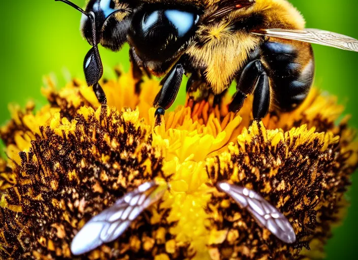 Image similar to super macro of a cyborg terminator bee drinking from a flower in the forest. fantasy horror cyberpunk style. highly detailed 8 k. intricate. nikon d 8 5 0 3 0 0 mm. award winning photography.