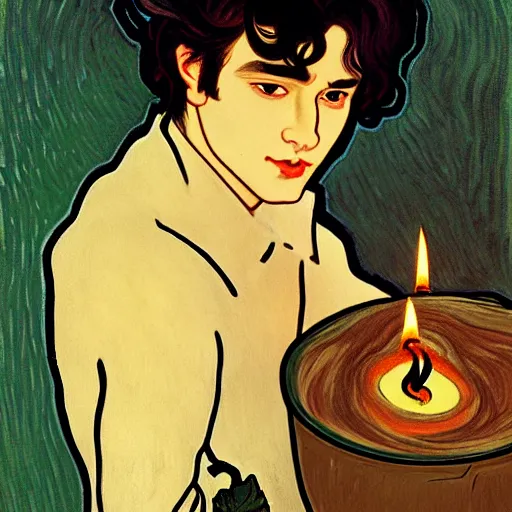 Image similar to painting of young cute handsome beautiful dark medium wavy hair man in his 2 0 s named shadow taehyung and cute handsome beautiful min - jun together at the halloween party, bubbling cauldron, candles, smoke, tarot, autumn colors, elegant, stylized, soft facial features, delicate facial features, art by alphonse mucha, vincent van gogh, egon schiele