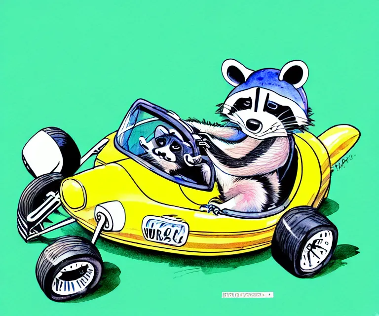 Prompt: cute and funny, racoon wearing a helmet riding in a tiny merlyn formula ford, ratfink style by ed roth, centered award winning watercolor pen illustration, isometric illustration by chihiro iwasaki, edited by range murata