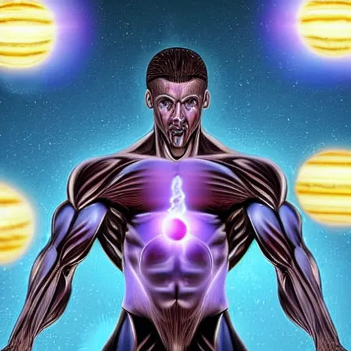 Image similar to a muscular man made of purple energy, wielding two orbs in his hands that are able to manipulate the force of electromagnetism in order to cause chemical changes inside of the orbs.