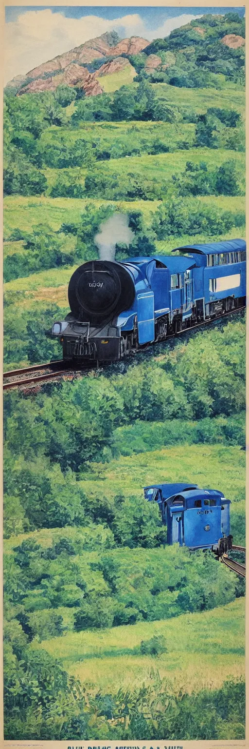 Image similar to blue and green train in the country, vintege poster,