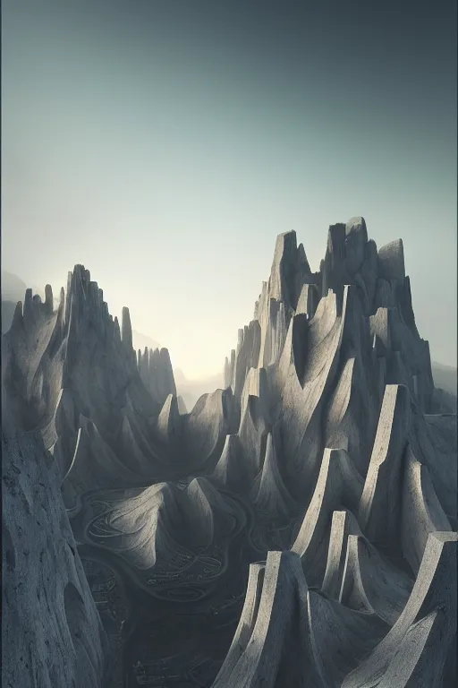 Image similar to sci - fi concrete brutalist architecture in the italian dolomites, zaha hadid, beksinski, oil painting, photoreal, highly detailed, 8 k, hd, vray, artstation, cinematic matte painting, extreme detail photo quality, sunset, featured on behance