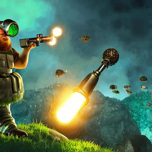 Image similar to highly detailed octane render of a short ugly fat man with a giant beard, holding a grenade launcher, wearing battle armour, goggles and a safety hat whilst laughing at a green mushroom cloud surrounded by dead insects in a cave