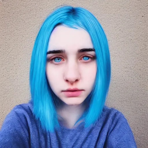 Prompt: a pale girl with blue hair, soft facial features, round face, looking directly at the camera, neutral expression, instagram picture