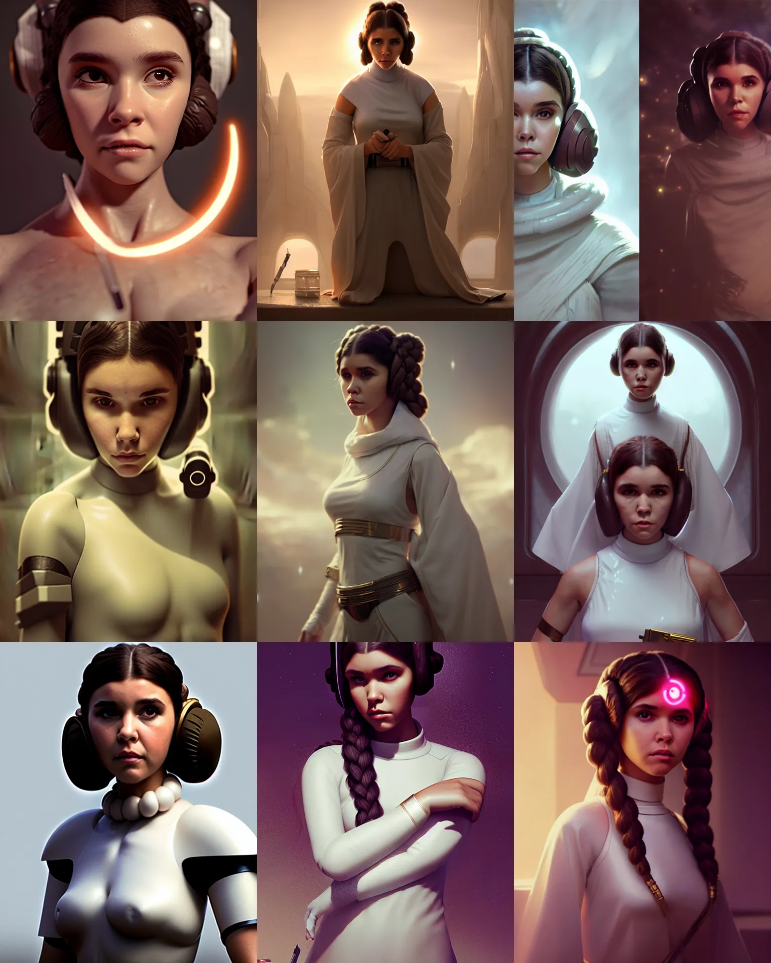 Prompt: madison beer : : 1 0 as princess leia : : 5 by greg rutkowski, wlop, octane render : : 3